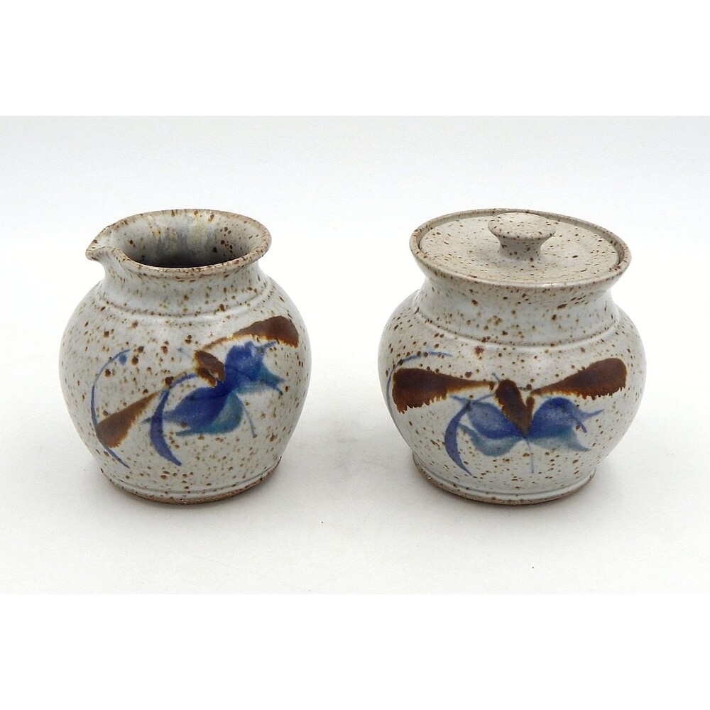 Sturgeon River Pottery SRP Lidded Sugar Creamer Floral Mottled Blue Brown Signed